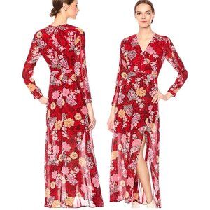 Guess Elysian Wrap‎ Floral Maxi Dress 6 Red Boho Chiffon Layered Slit Lace Inset